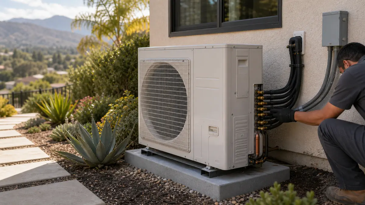 Mitsubishi H2i Hyper-Heat outdoor condenser at an Arcadia home for full electrification