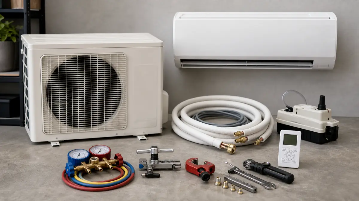 Technician reading a Mitsubishi mini-split fault code during an Arcadia AC repair